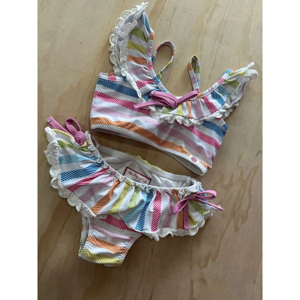 Cheeky Plum 4T Rainbow Stripe Ruffle Bikini Cottagecore Beach Girl Swimwear Cute